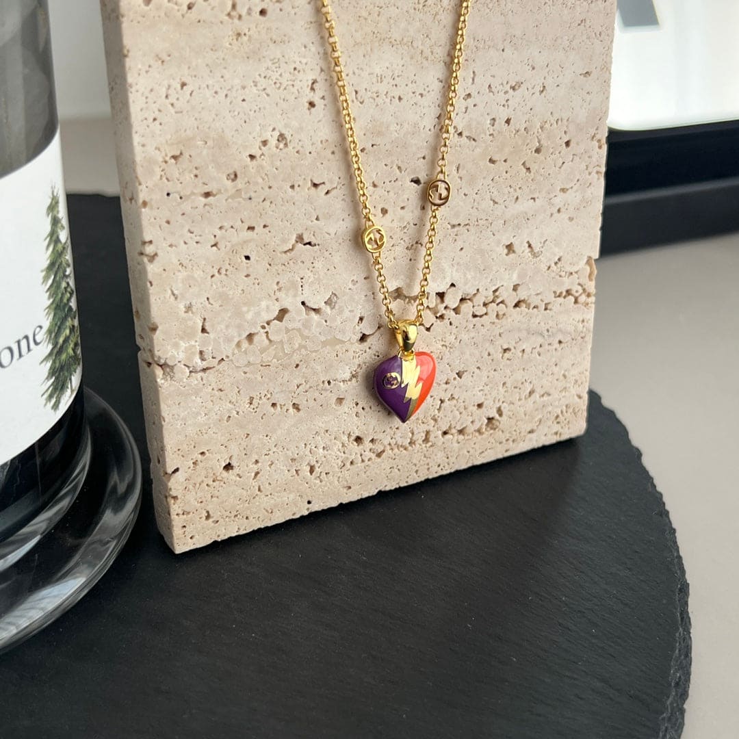 18K Double Gucci Interlocking Gucci Heart Lightning Charm Necklace