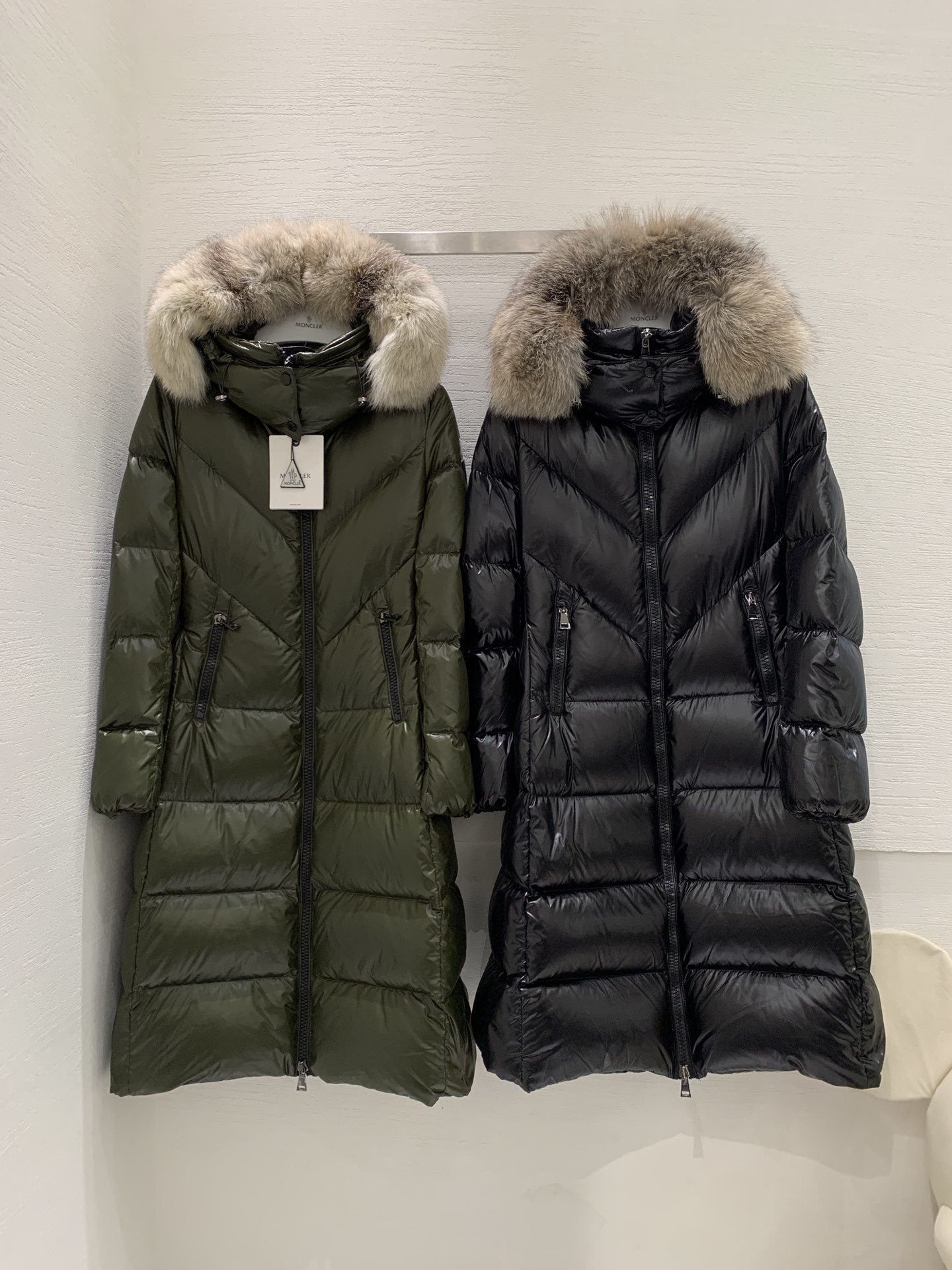 Moncler Women’s Long Down Jacket with Fur-Trim Hood — hero