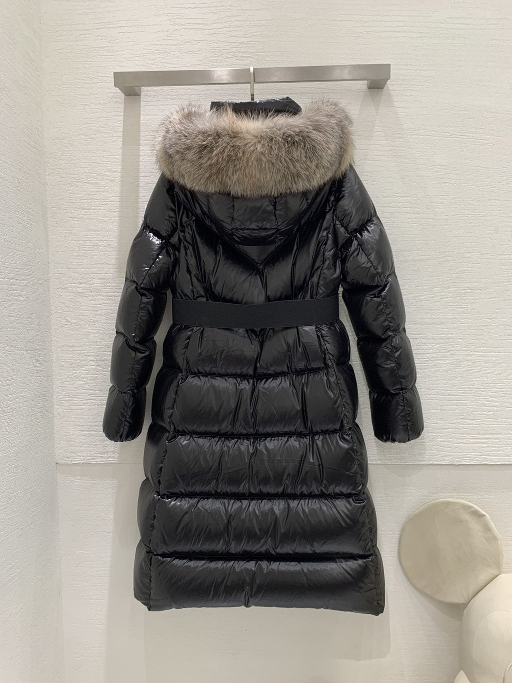 Moncler Women’s Long Down Jacket with Fur-Trim Hood — back