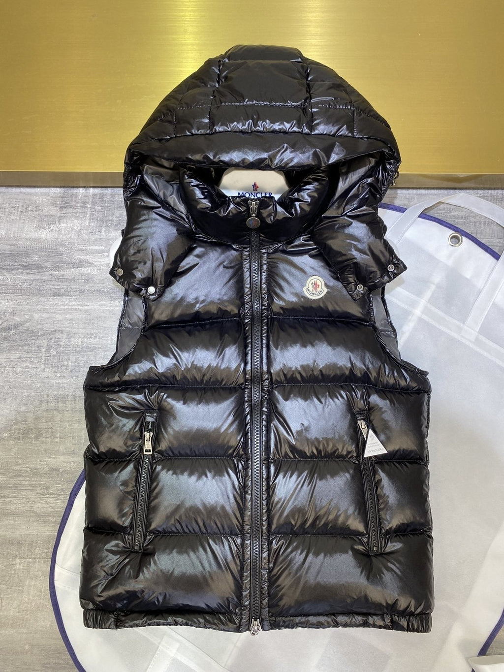 Moncler Hooded Glossy Puffer Down Vest — detail