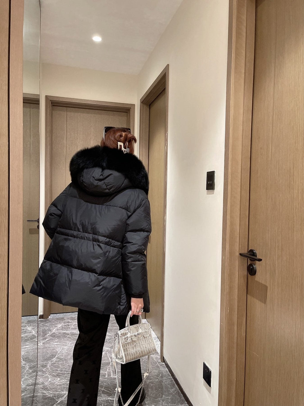 Prada Fur-Trim Hooded Puffer Jacket with Detachable Pouch — context