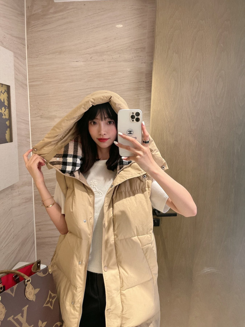 Burberry Hooded Long Down Vest — context