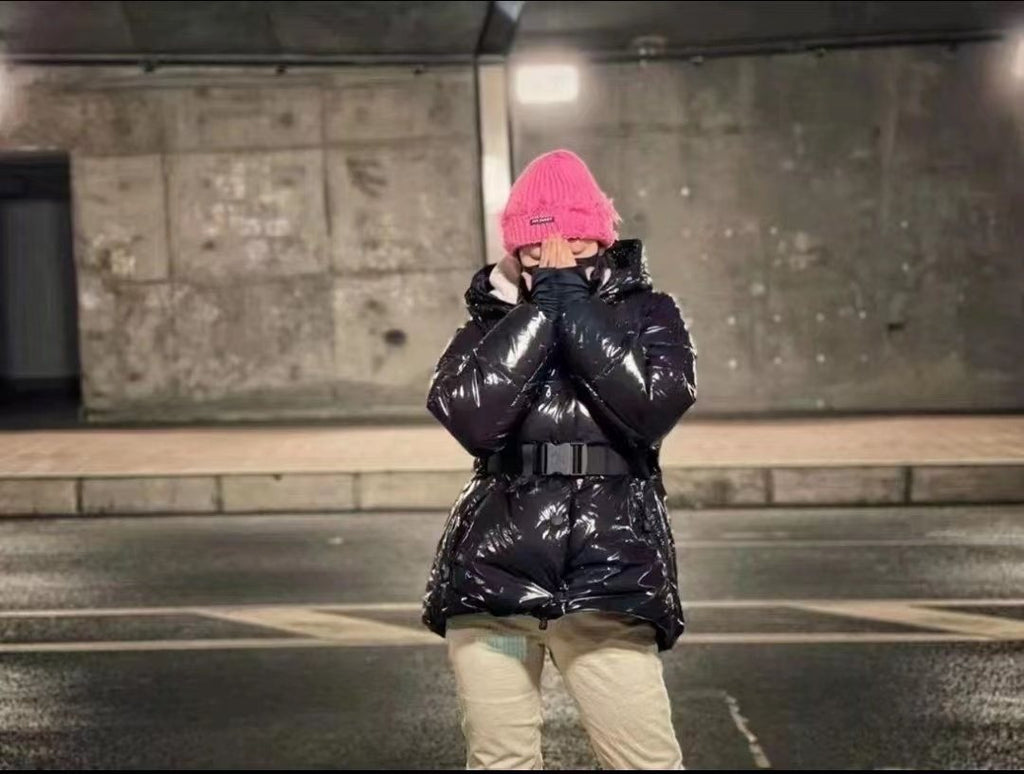 Moncler Glossy Belted Puffer Coat — context