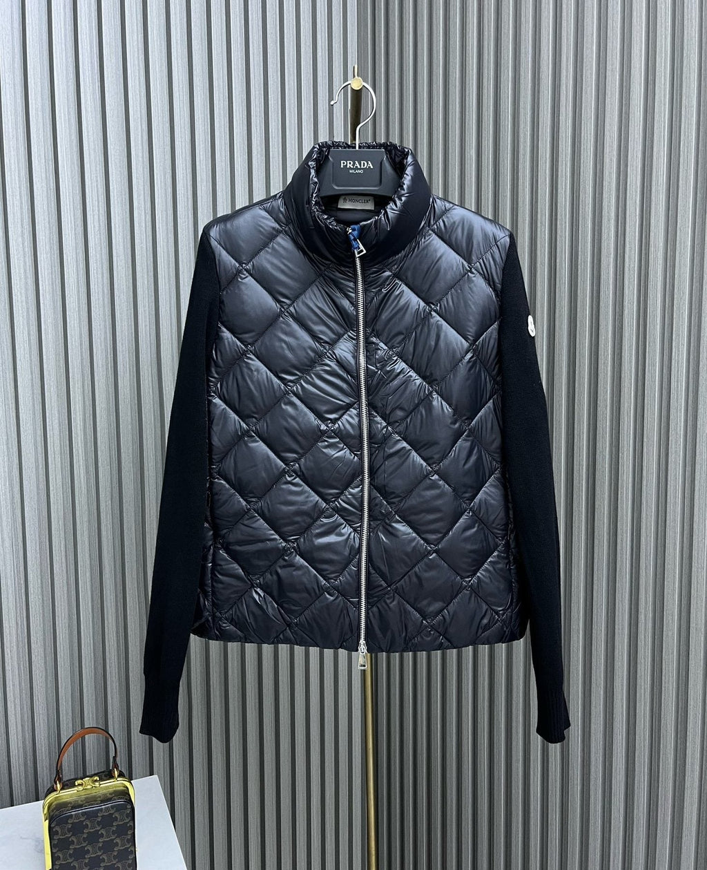 Moncler Diamond-Quilted Knit Sleeve Down Coat — front