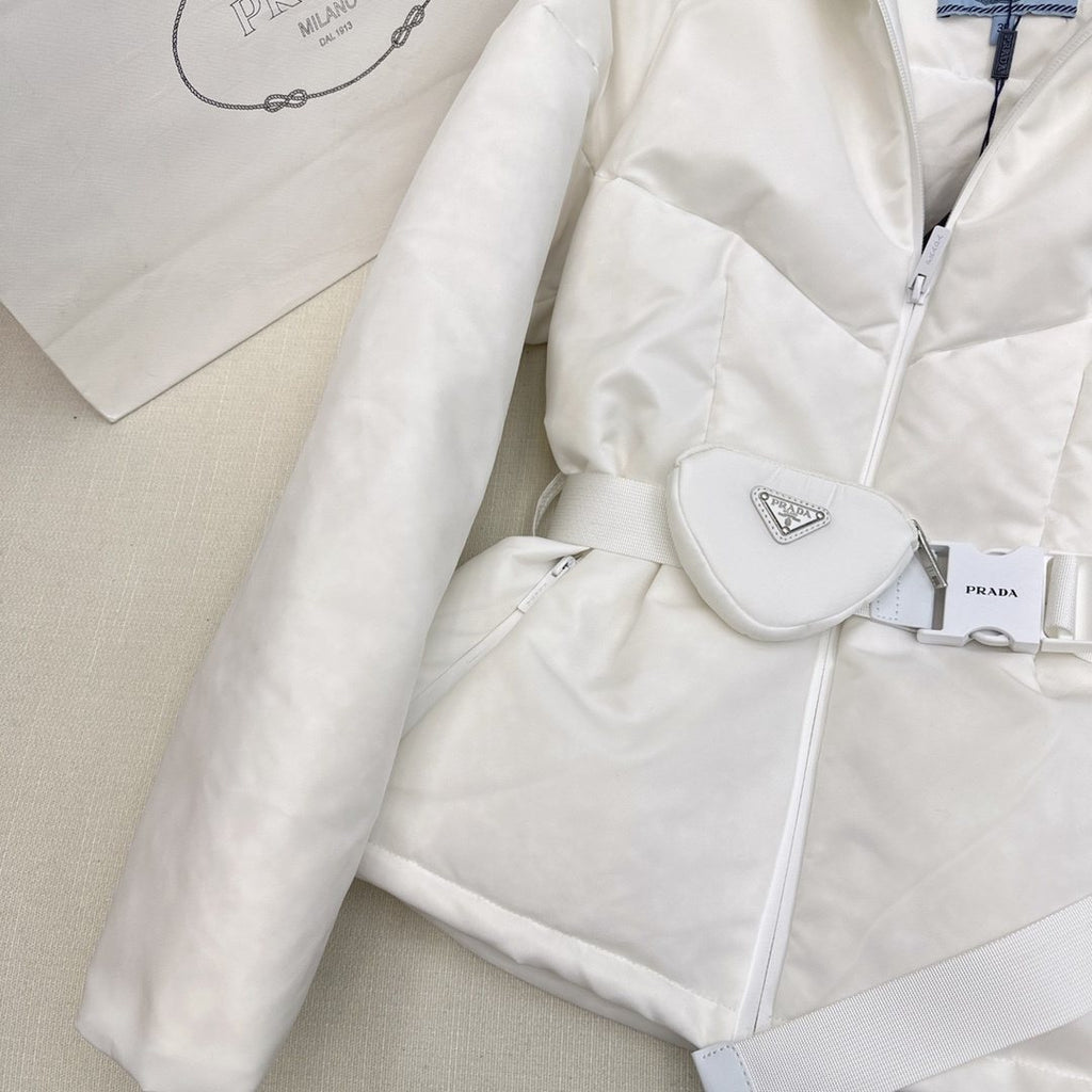 Prada Belted Hooded Short Down Jacket — detail