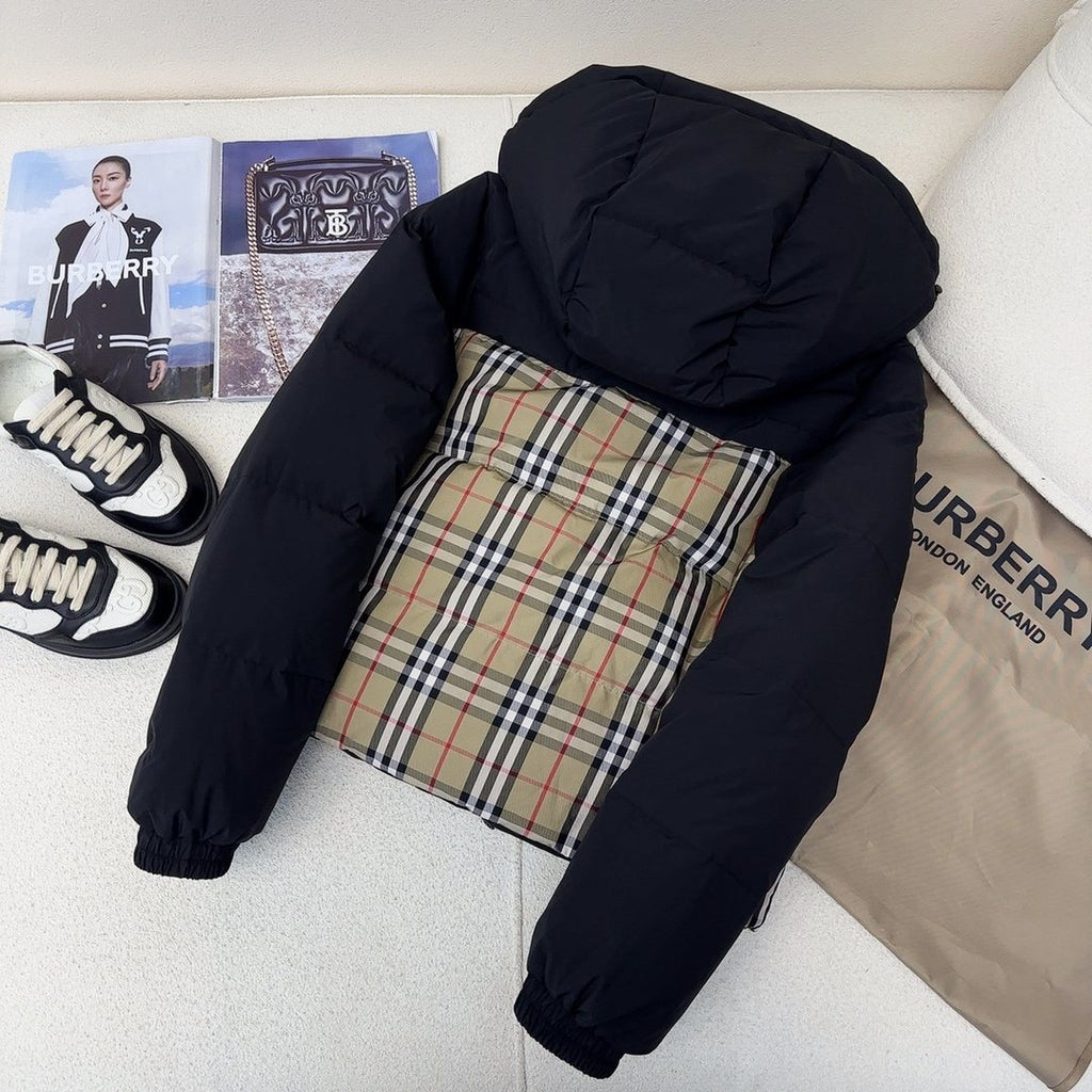 Burberry Checked-Panel Hooded Puffer Jacket — detail