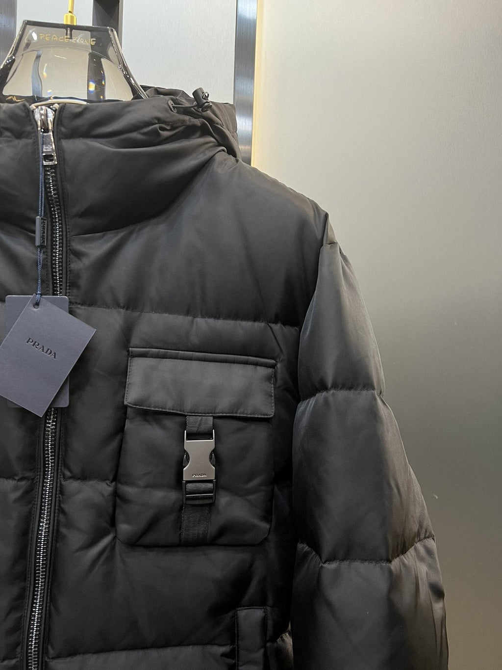 Prada Black Hooded Quilted Puffer Jacket — detail