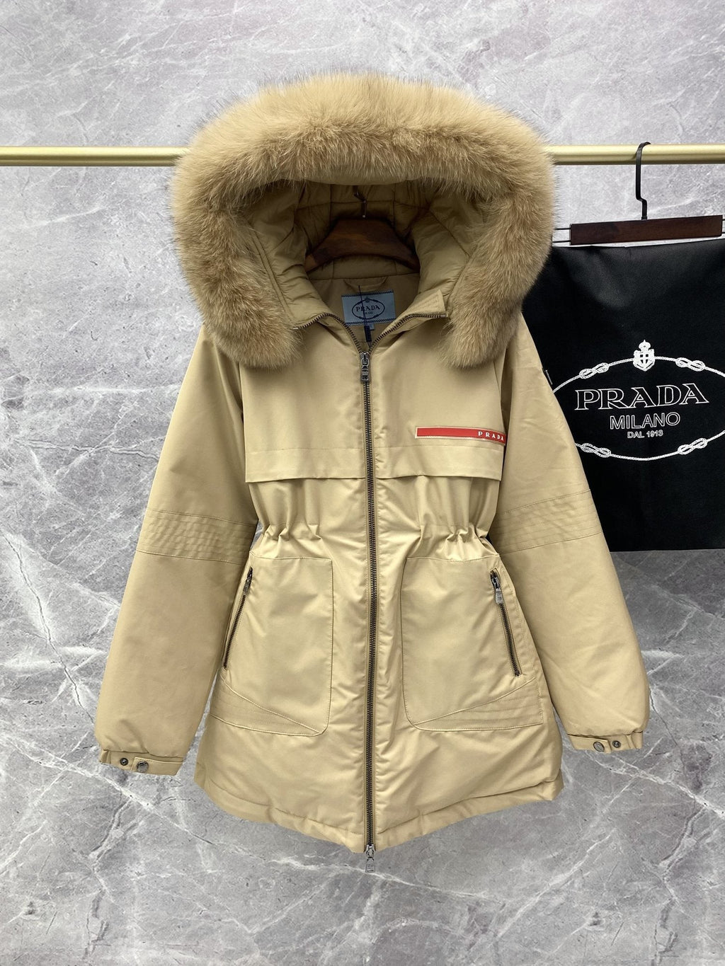 Prada Fur-Trim Hood Long Down Jacket — hero
