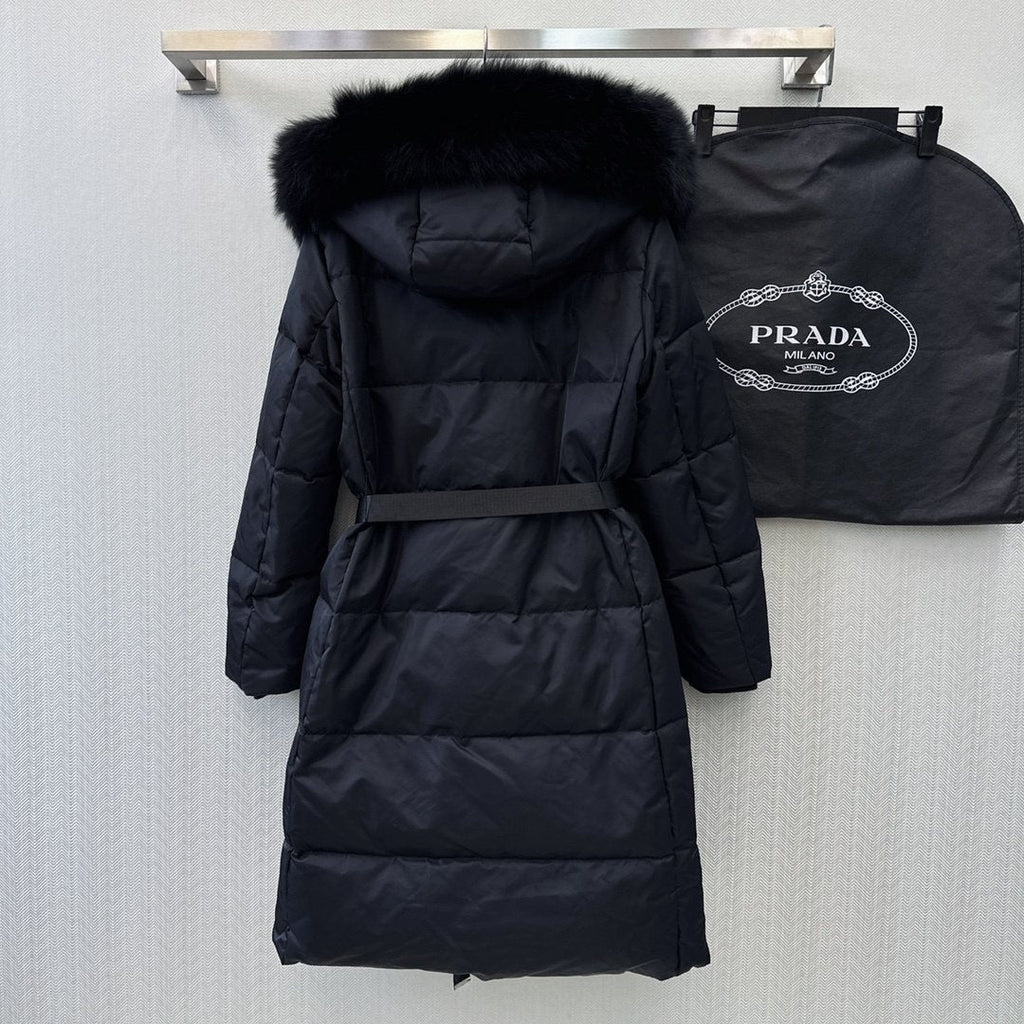 Prada Fur-Trim Hooded Longline Puffer Jacket — back