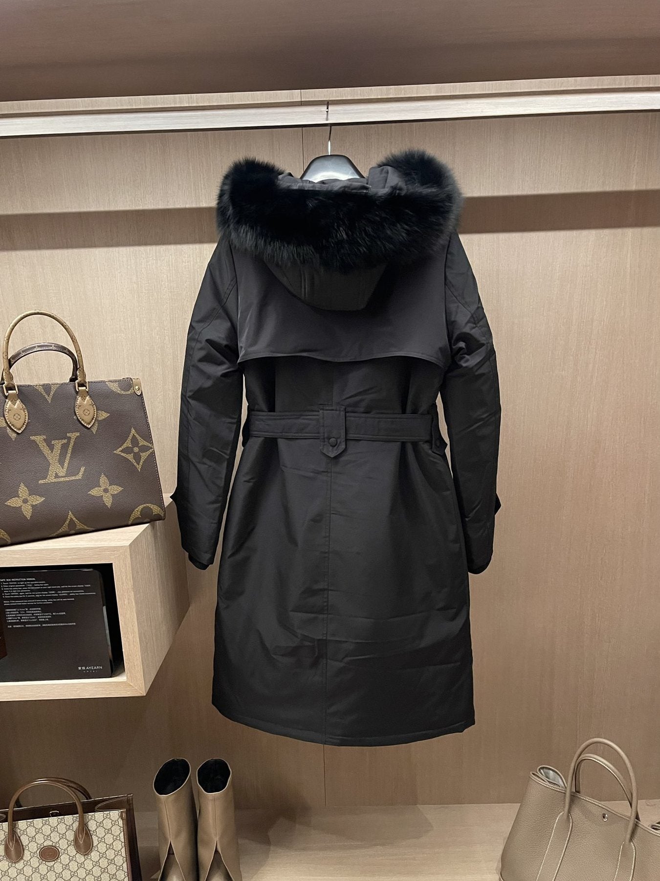 Prada Fur-Trim Hood Belted Long Down Jacket — back