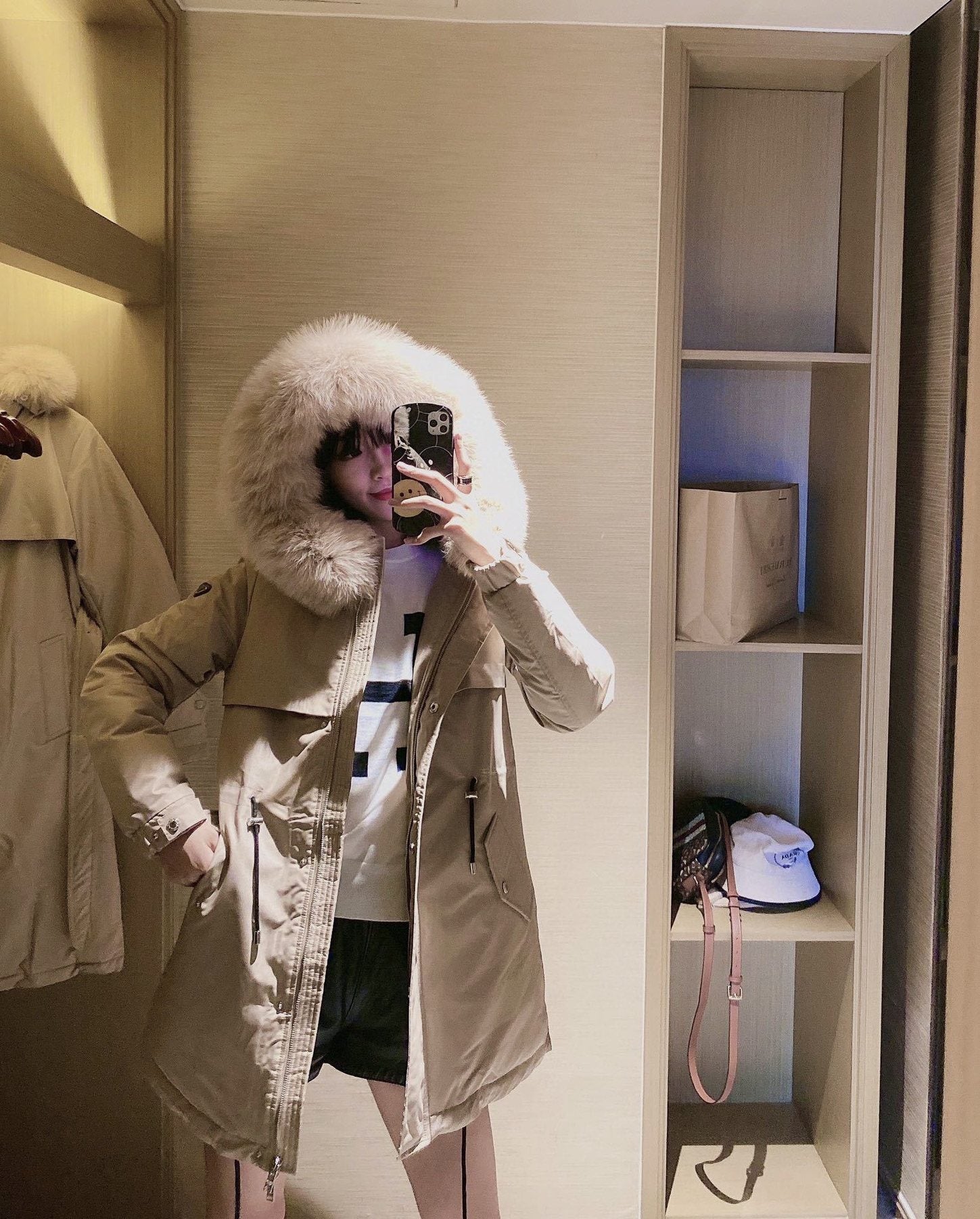 Prada Detachable Fox Fur-Trim Hood Long Down Jacket — context