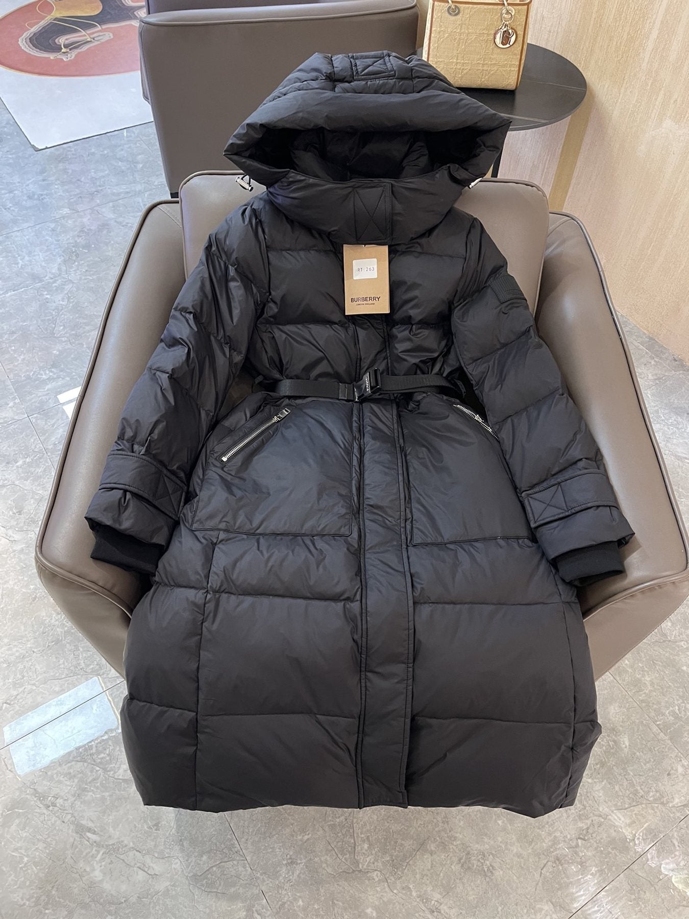 Burberry Hooded Belted Long Down Jacket — front