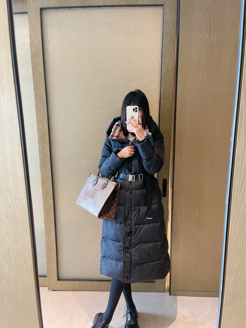 Burberry Belted Hooded Long Puffer Jacket — context