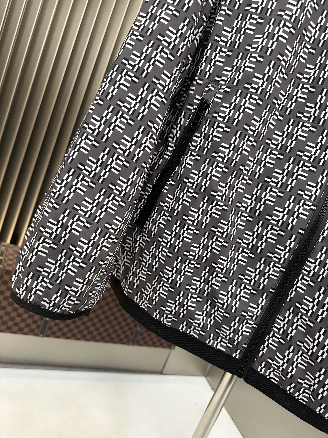 Fendi Black and White Pattern Hooded Zip-Front Jacket — fabric_closeup
