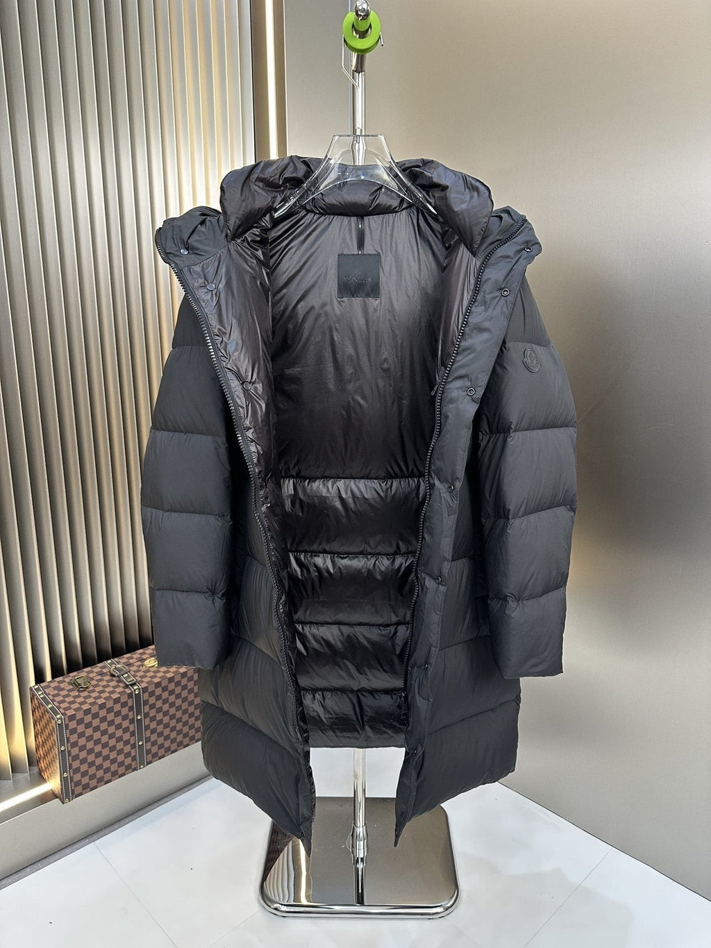 Moncler Charcoal Grey Long Hooded Puffer Coat — detail