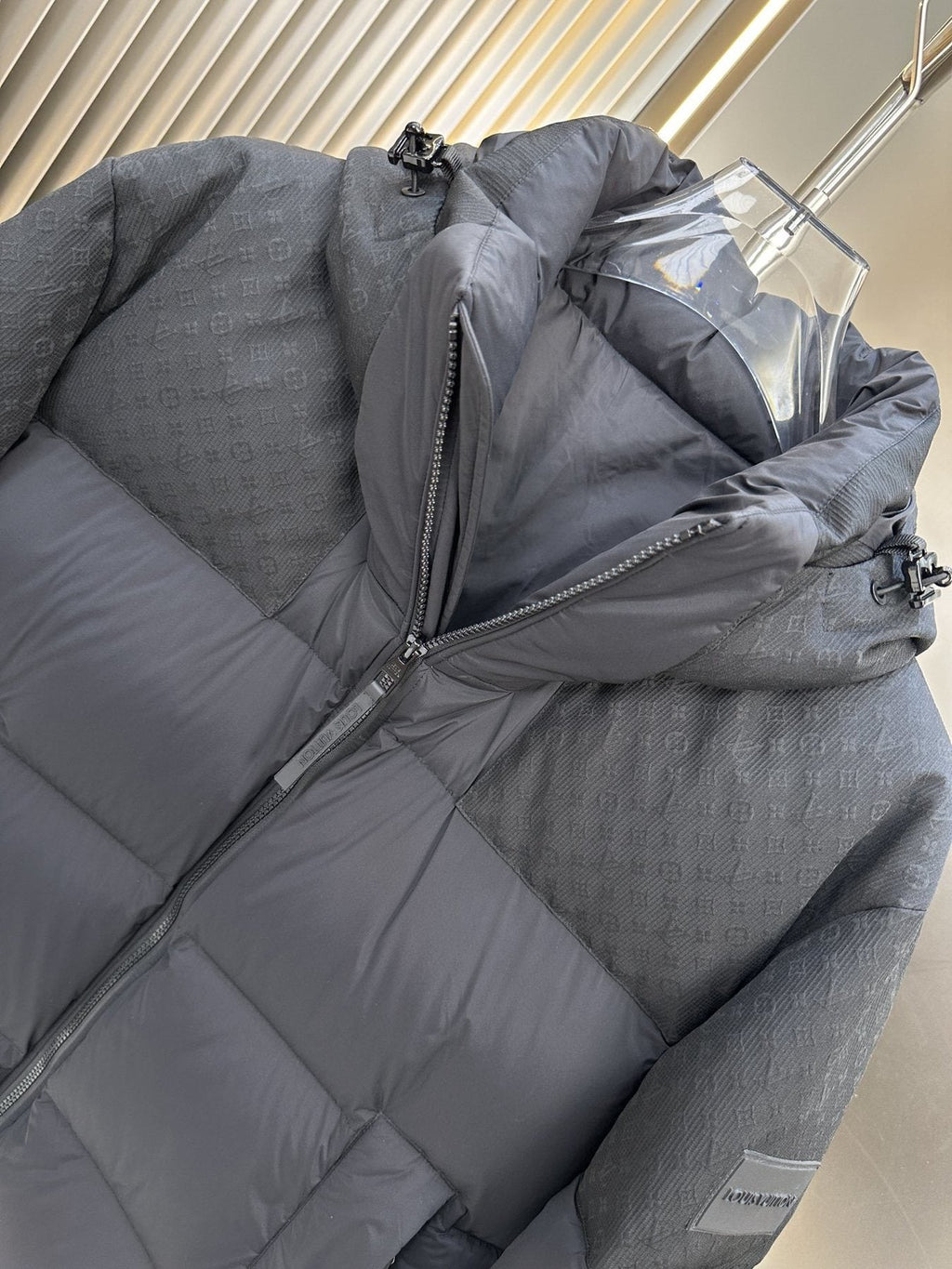 LV Dark Grey Hooded Quilted Puffer Coat — detail