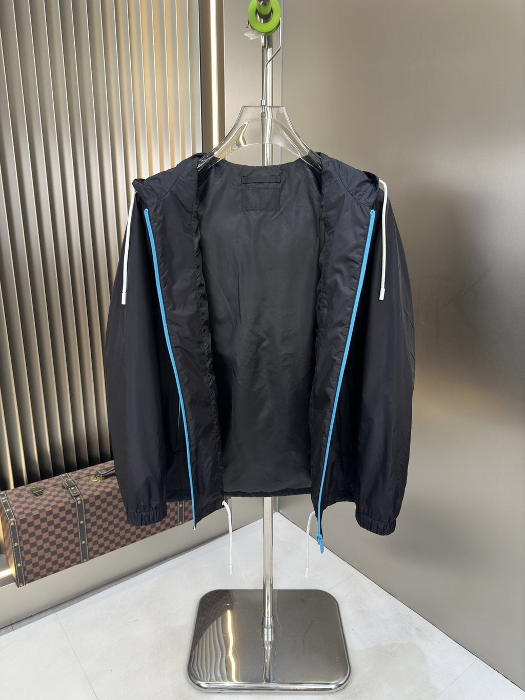 Prada Dark Navy Hooded Jacket with Blue Zipper Trim — detail