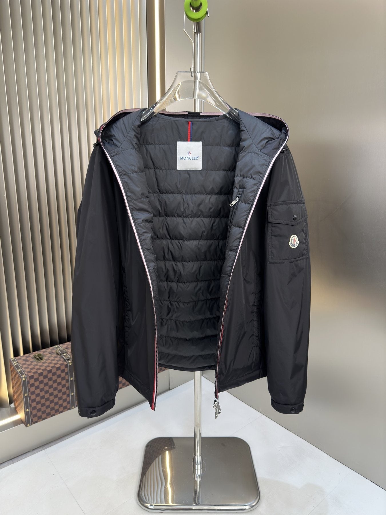Moncler Black Hooded Contrast Zip Coat — detail