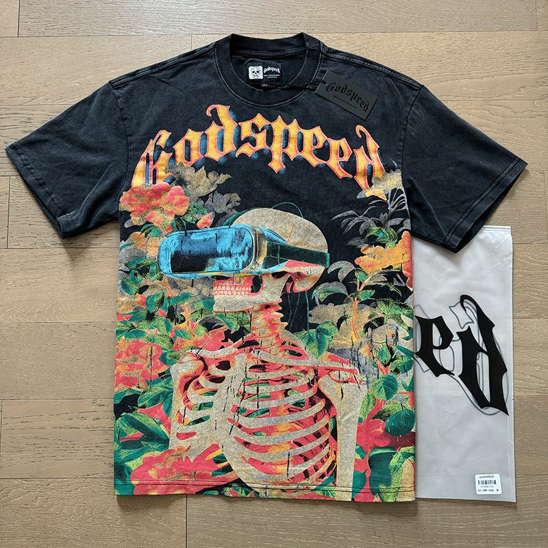 Godspeed Skeleton & Floral Washed Graphic T-Shirt — context