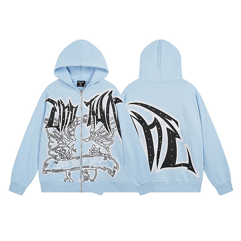 MIXED EMOTION Rhinestone Graphic Full-Zip Hoodie — front