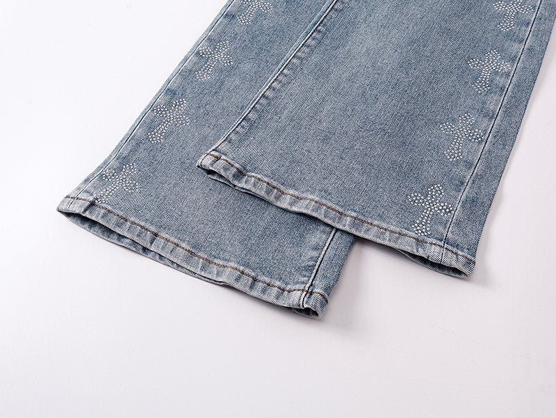 Purple Brand Light Blue Rhinestone Flared Jeans — detail