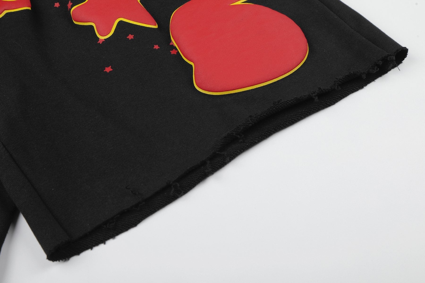 Sp5der Black Graphic Raw-Hem Shorts — detail