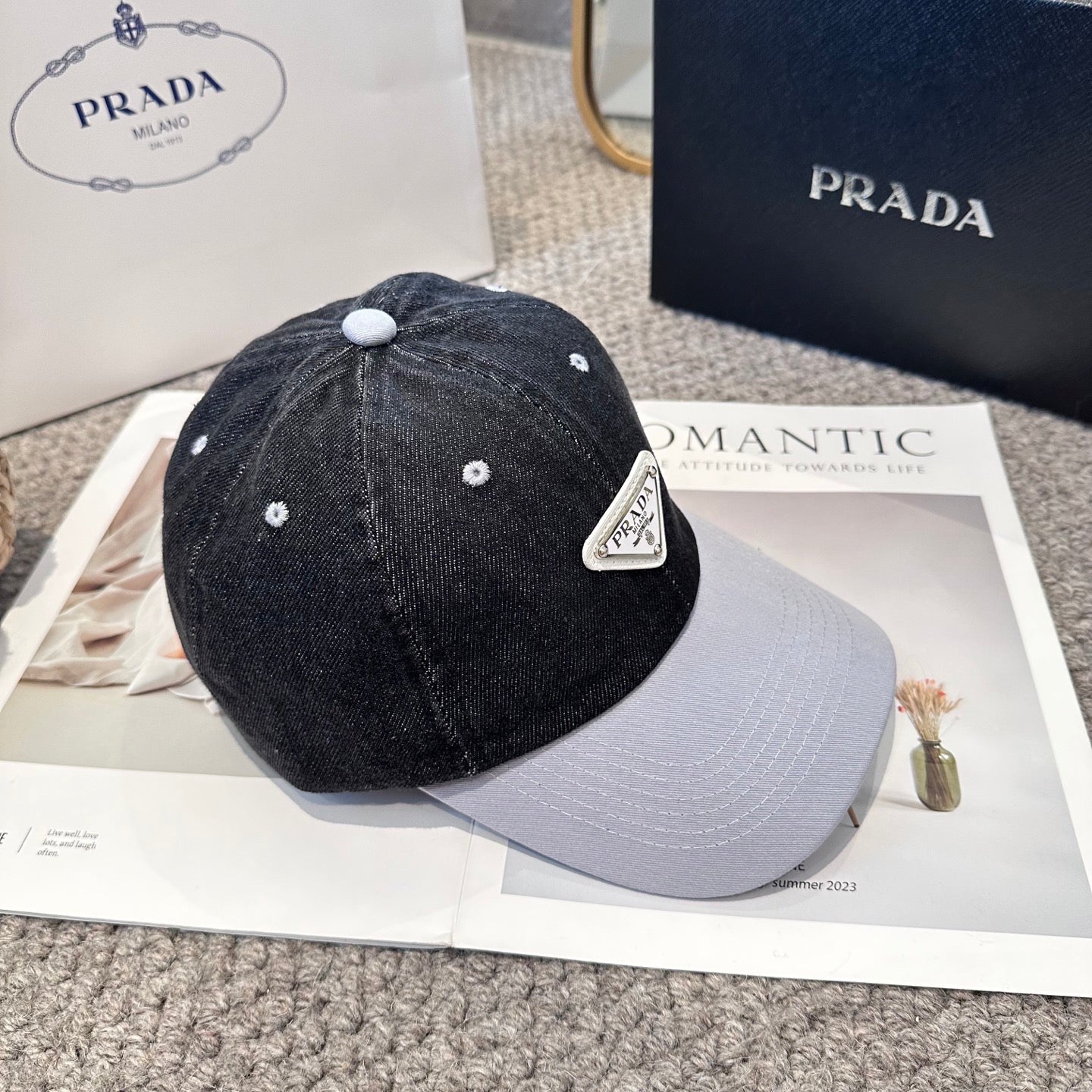 Two-Tone Denim Baseball Cap with Signature Triangle Emblem