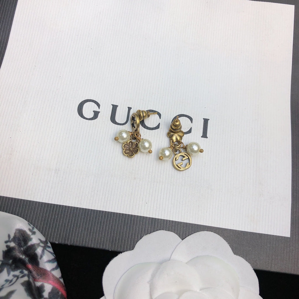 18K Double Gucci Flower & Pearl Pendant Earrings