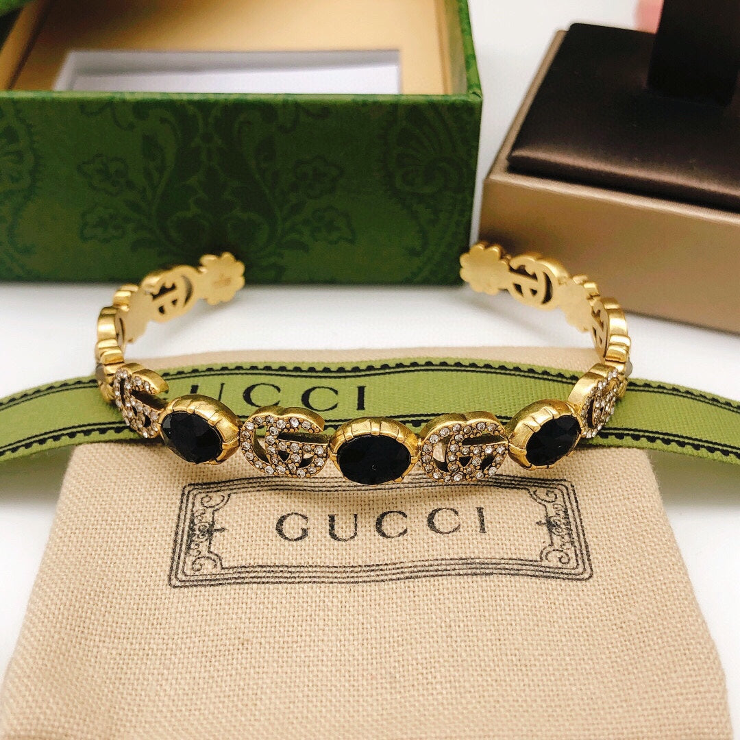 18K Double Gucci Flowers Black Crystals Open Cuff Bracelet