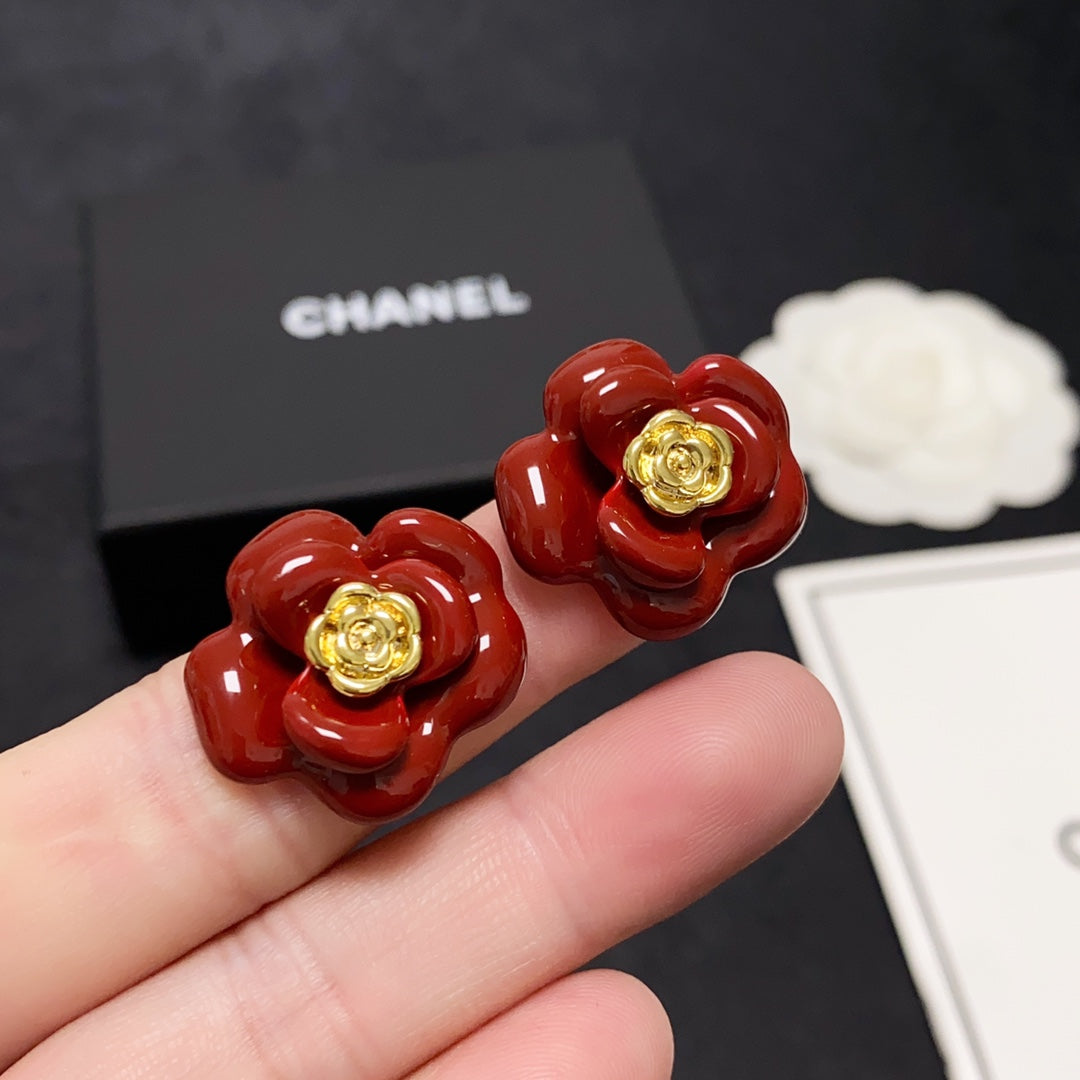 18K  Chanel Red Camellia Resin Earrings