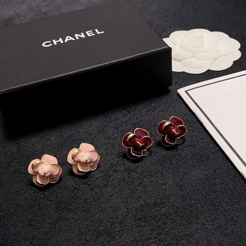 18K  Chanel Red & Pink Camellia Earrings