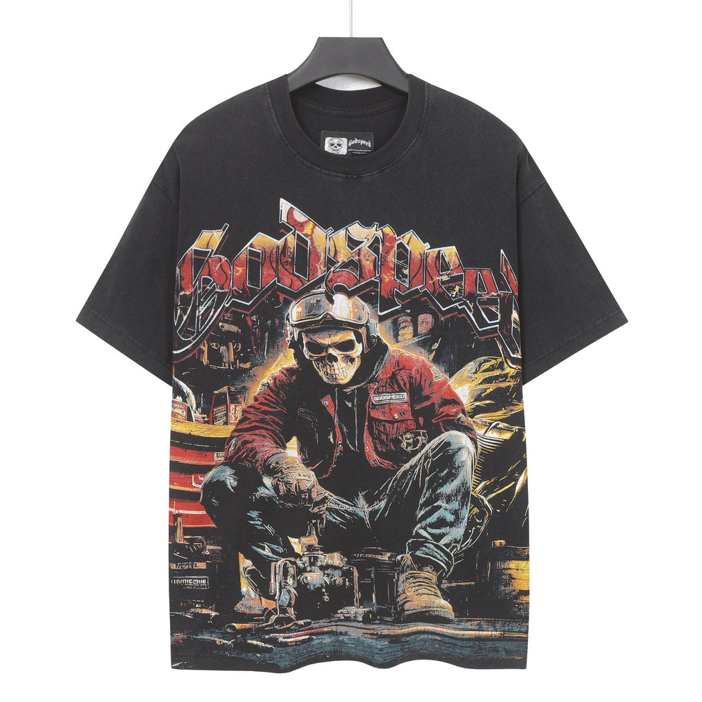 Godspeed Biker Workshop Graphic T-Shirt — front